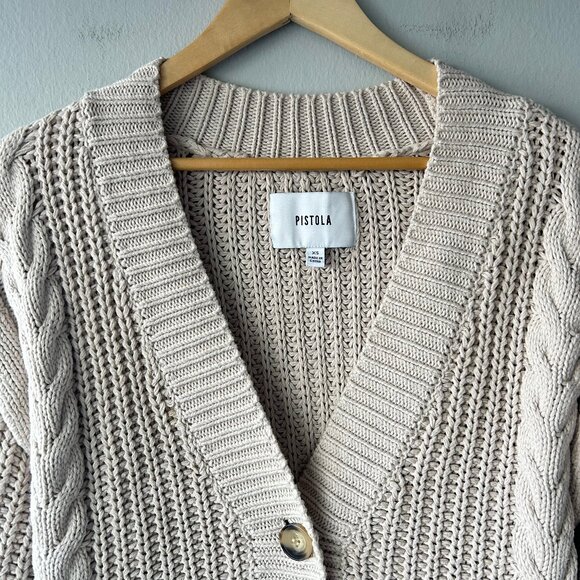 Pistola Beige Cable Knit Cotton Cardigan Neutral Chunky Button Sweater Size XS - Picture 3 of 9